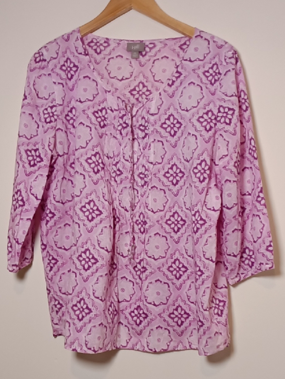 J Jill Cotton Lawn 3/4 Sleeve Printed Tunic w/ Tie Pintuck  Keyhole Neckline